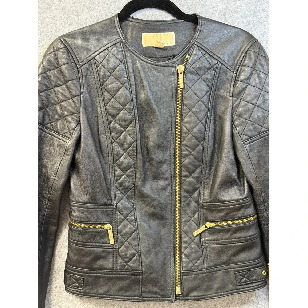 Michael Kors Womens Black Quilted Leather Moto Jacket Gold‎ Hardware Size S